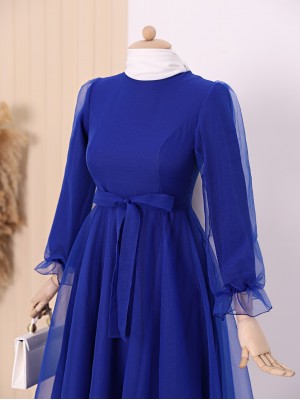 Kabarık Kol ve Etekli Kuşaklı Tül Abiye -Saks