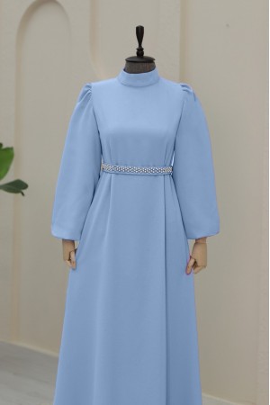 Magnificent Collar Balloon Sleeve Belted Dress -Baby Blue