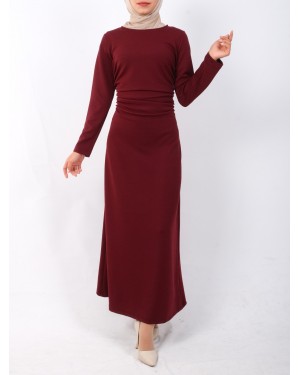 Waist Pleated Knitted Crepe Lycra Dress  -Maroon