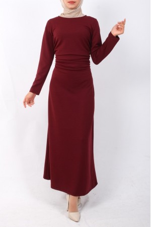 Belden Büzgülü Örme Krep Likralı Elbise  -Bordo