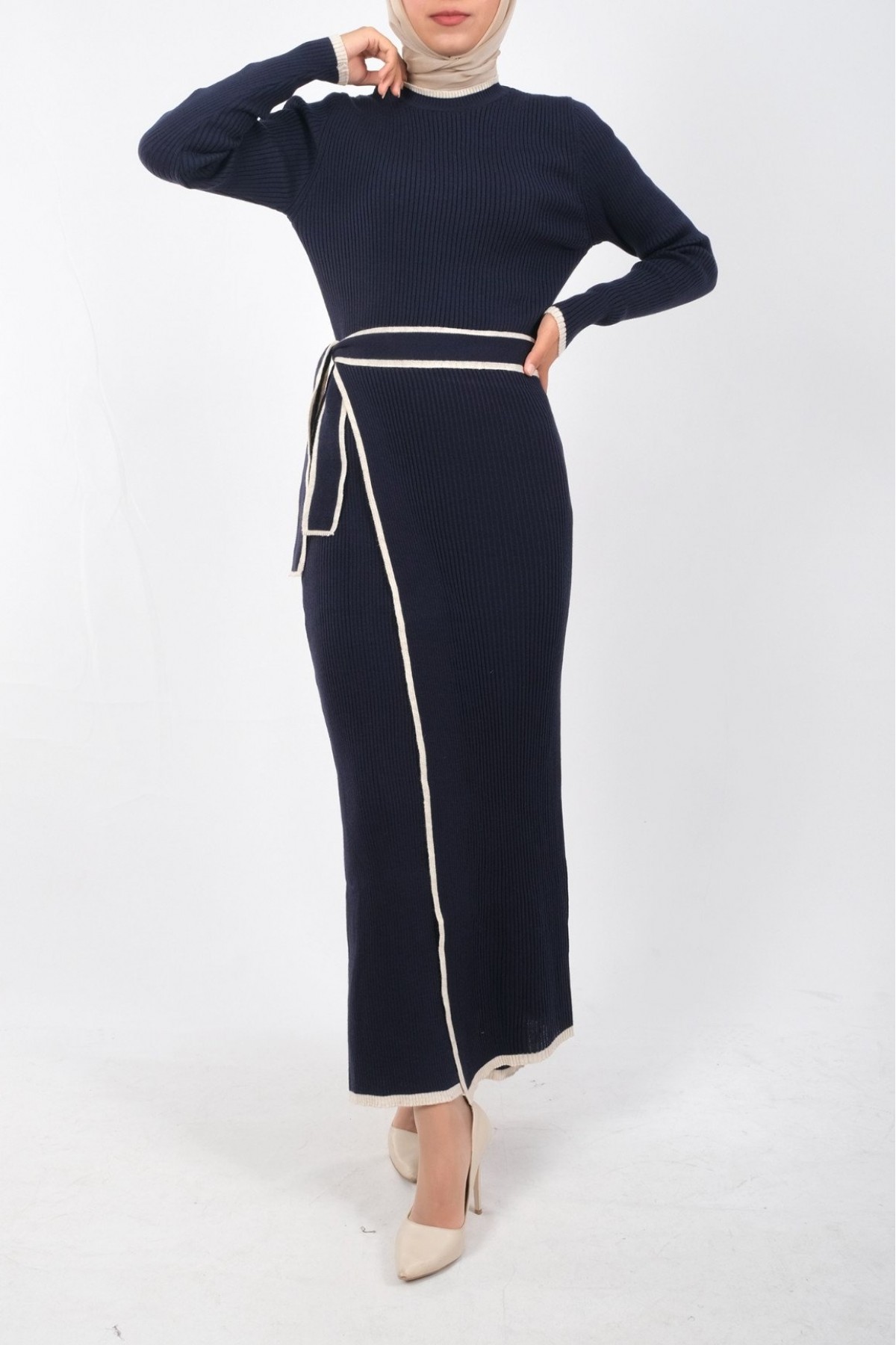 Side Tie Skirted Allerli Knit Dress -Navy blue