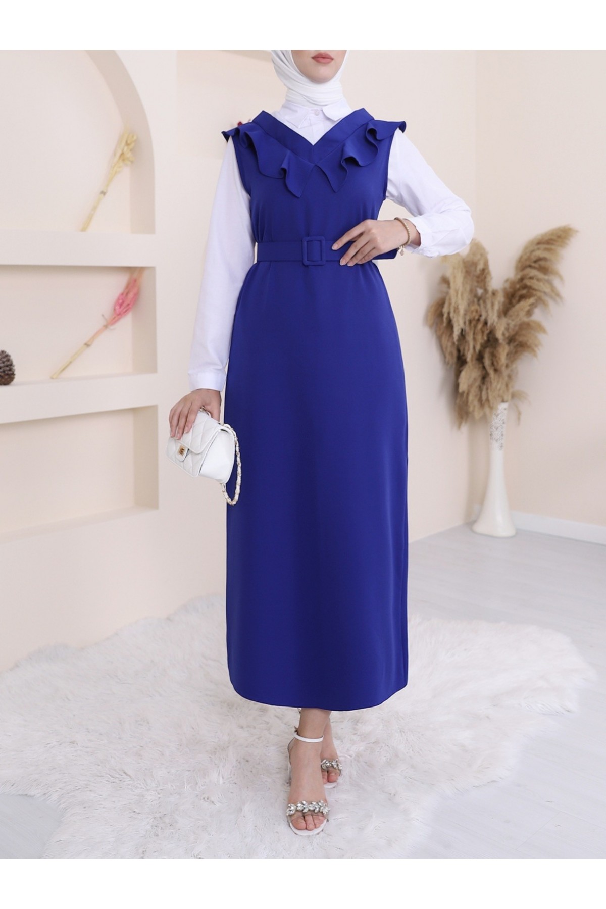 V Neck Long Gilet Dress      -Saxe 