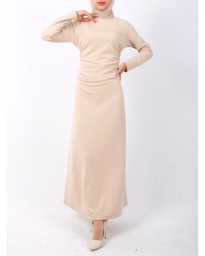 Waist Pleated Knitted Crepe Lycra Dress  - Beige