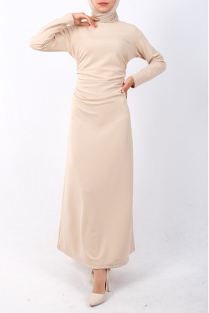 Belden Büzgülü Örme Krep Likralı Elbise  -Bej