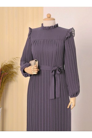 Önü Robalı Kolları ve Bedeni Piliseli Elbise   -Lila