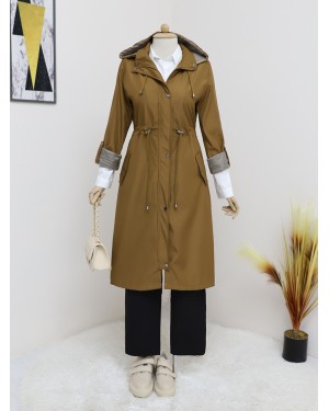 Kapşonu Çıkmalı Bağcıklı Trenckot -Taba