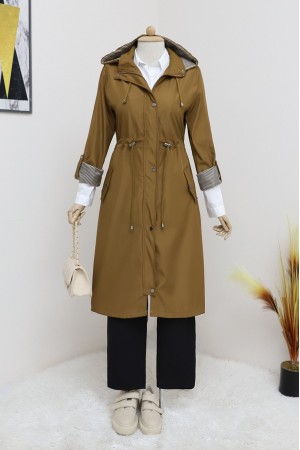 Kapşonu Çıkmalı Bağcıklı Trenckot -Taba