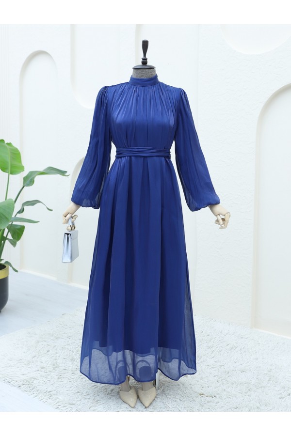 Shoulder Gathered Sparkly Fabric Balloon Sleeve Dress -Navy blue