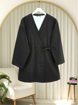 Side Tie Denim Kimono -Black