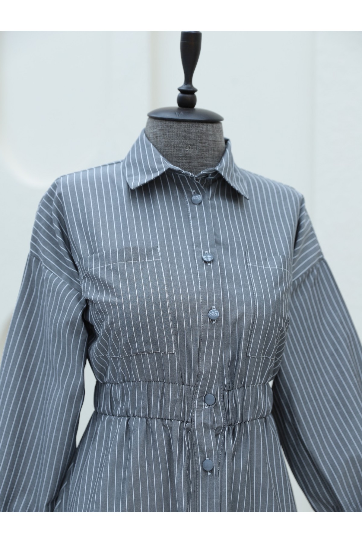 Front Buttoned Striped Dress with Elastic Waist  -Smoked 