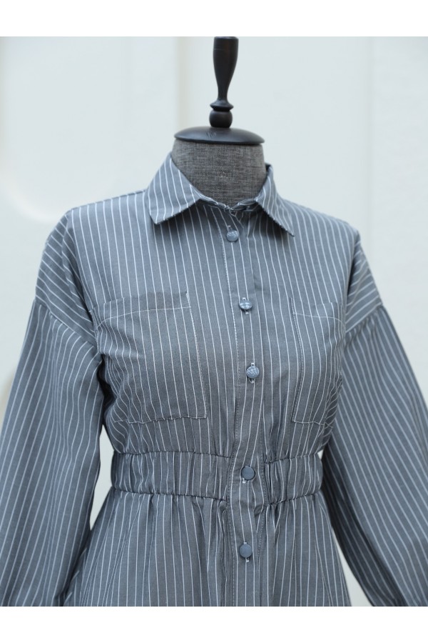 Front Buttoned Striped Dress with Elastic Waist  -Smoked 