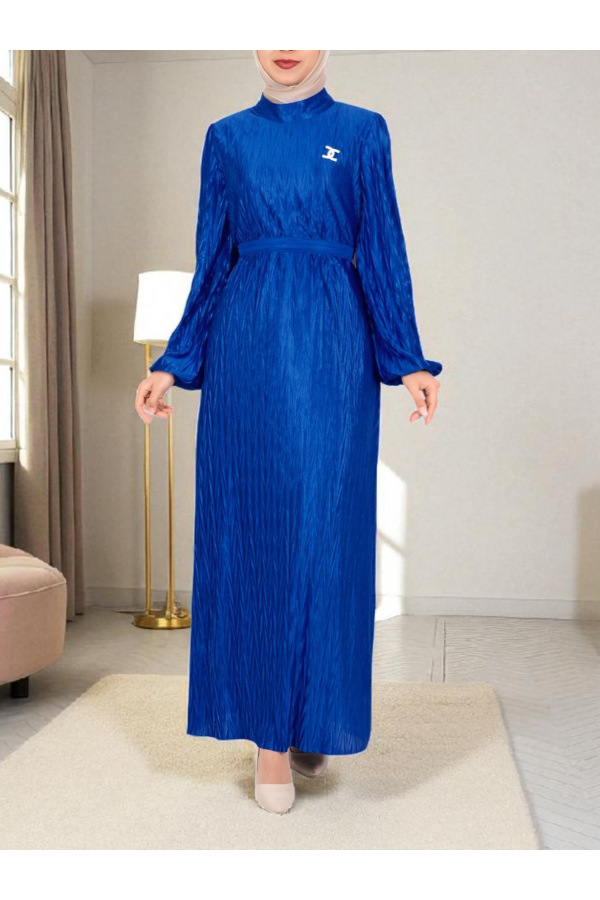Pleated Satin Dress with Belt  -Saxe 