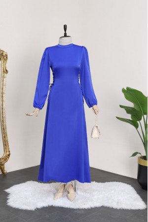 Yanları Bağcıklı Dik Yaka Kolu Lastikli Elbise -Saks