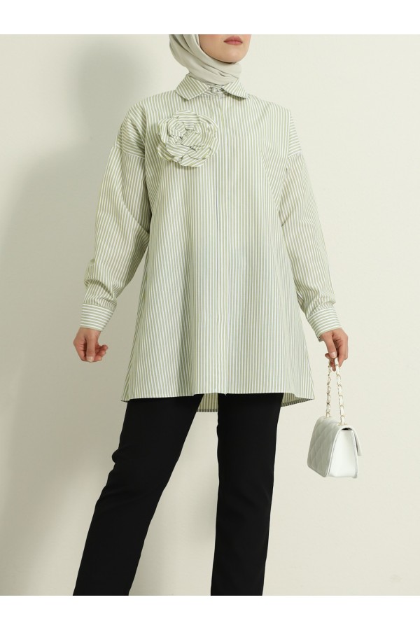 Pearl Button Striped Brooch Shirt -Oil Green