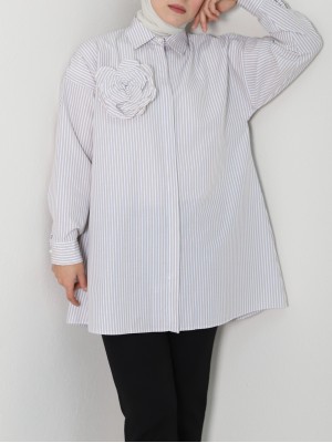 İnci Düğmeli Çizgili Broşlu gömlek  -Bej