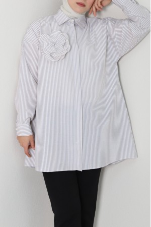 İnci Düğmeli Çizgili Broşlu gömlek  -Bej