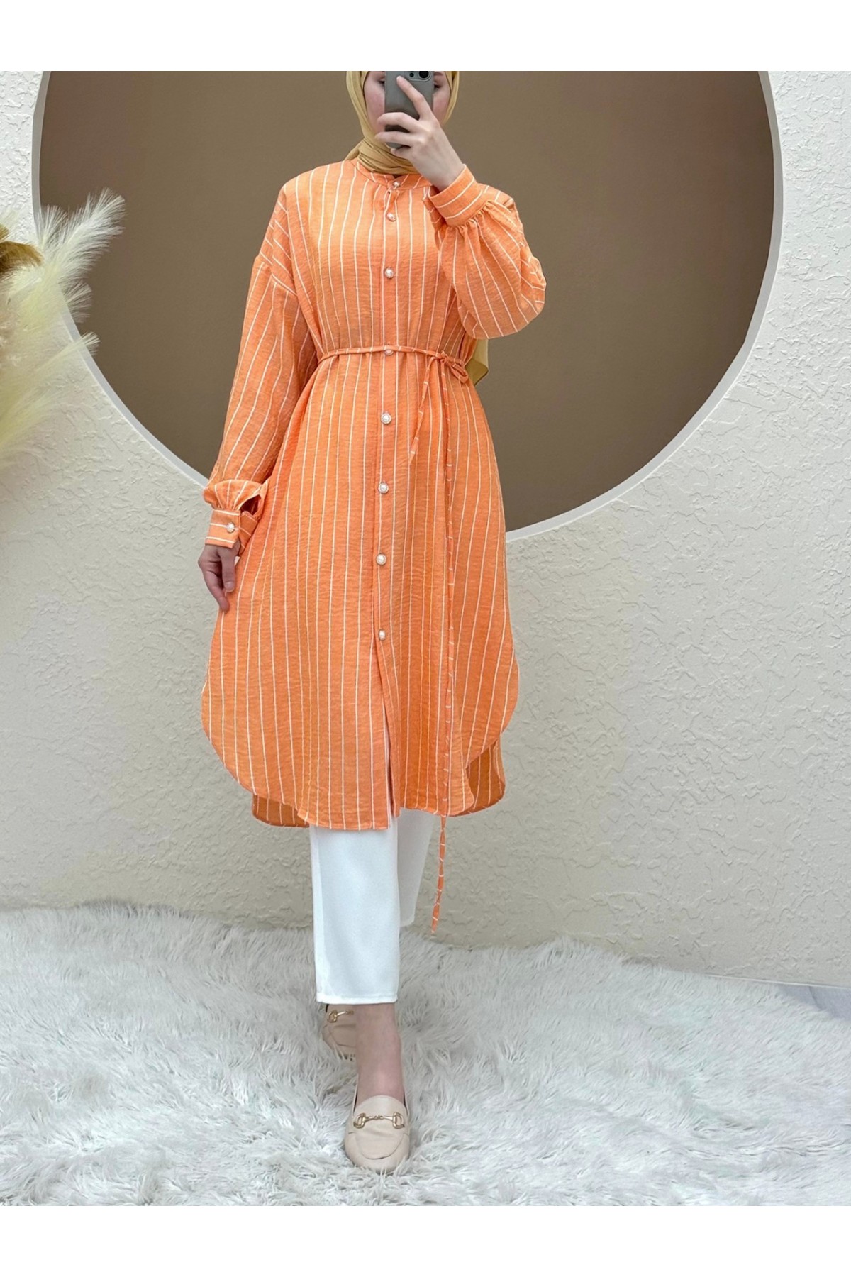 Top Buttoned Laced Striped Long Tunic -Orange