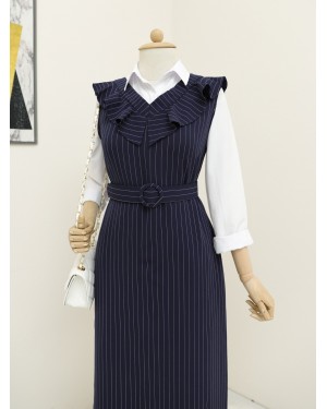 Striped Belted Gilet Dress with Frilly Collar -Navy blue