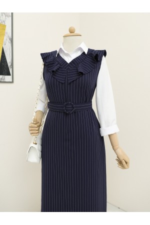 Yakası Fırfırlı Çizgili Kemerli Jile Elbise -Laci