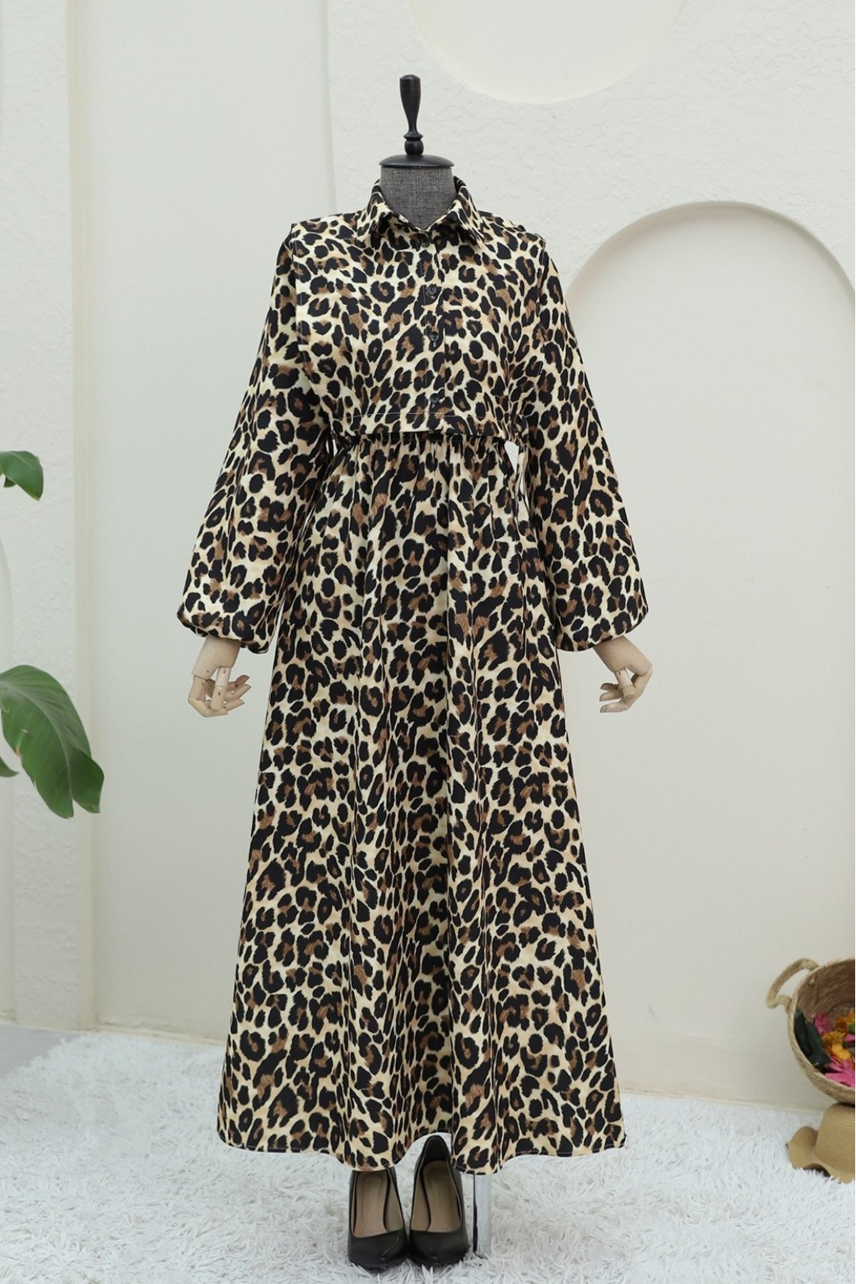 Leopard Print Dress with Shirt Detail on Top -Mink color