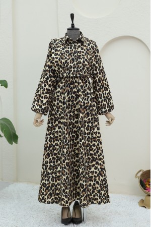Üstü Gömlek Detaylı Leopar Desenli Elbise -Vizon