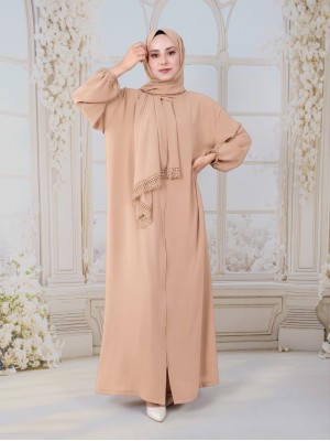 Kendinden Şallı Boydan Fermuarlı İthal Krep Namazlık -Vizon