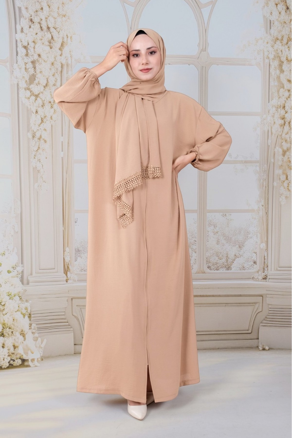 Imported Crepe Prayer Dress with Self Shawl and Zippered Length -Mink color