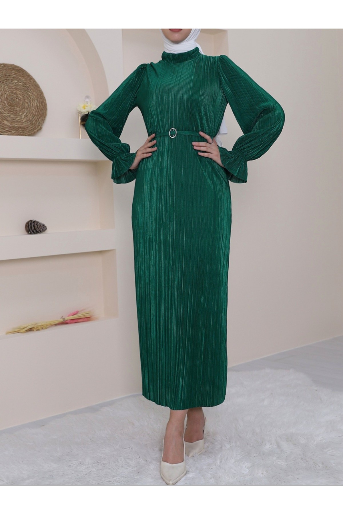 Pleated Satin Dress with Elastic Sleeves, Frilled Stones and Belt -Emerald