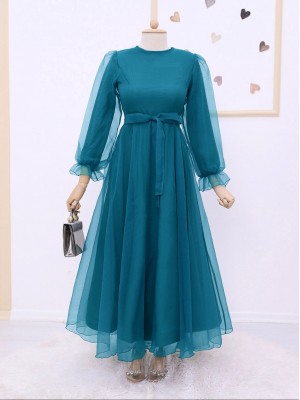 Kabarık Kol ve Etekli Kuşaklı Tül Abiye    -Petrol