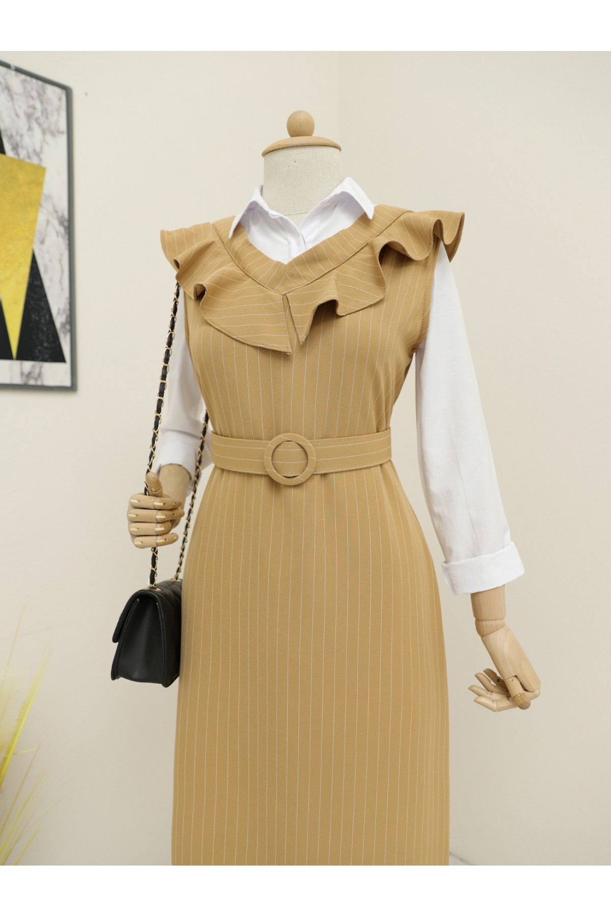 Striped Belted Gilet Dress with Frilly Collar -Snuff