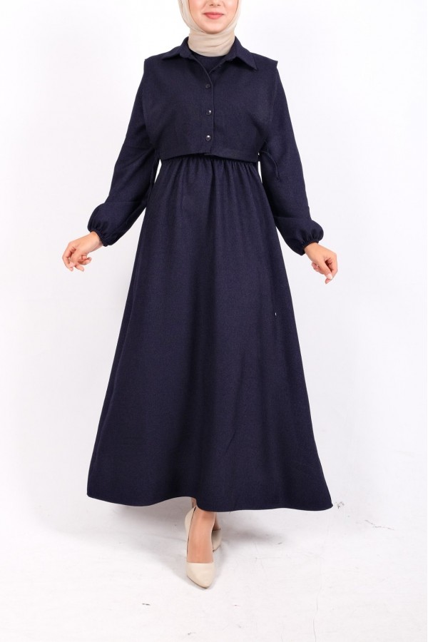 Dress with Elasticated Sleeves and Waist with Shirt Detail on Top -Navy blue