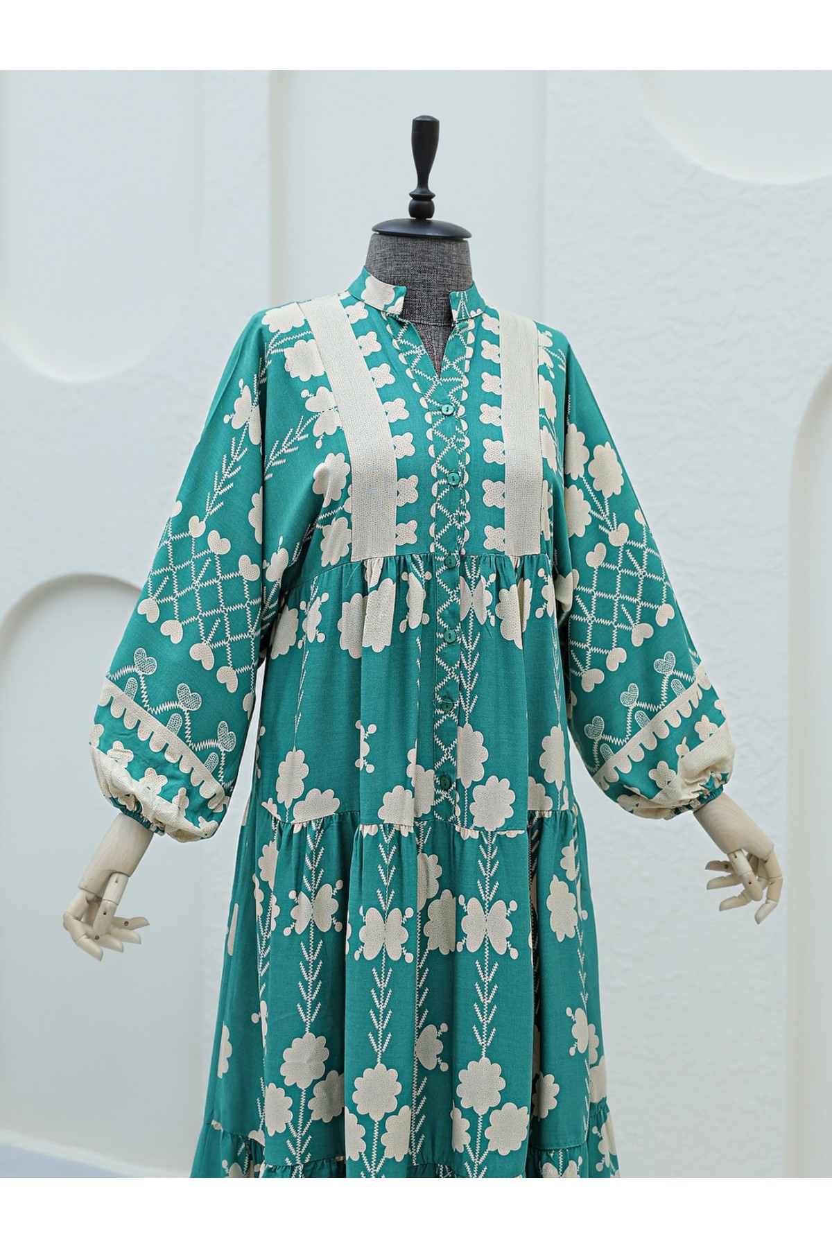Half Buttoned Long Skirt Viscose Dress -Green