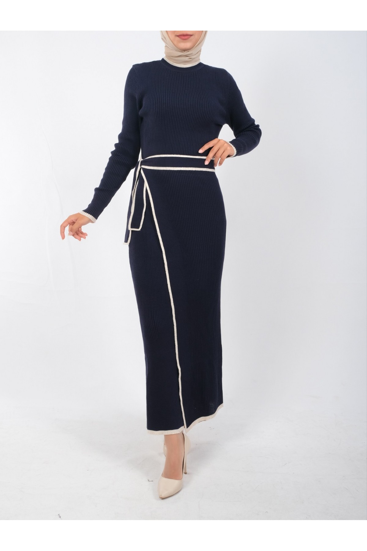 Side Tie Skirted Allerli Knit Dress -Navy blue