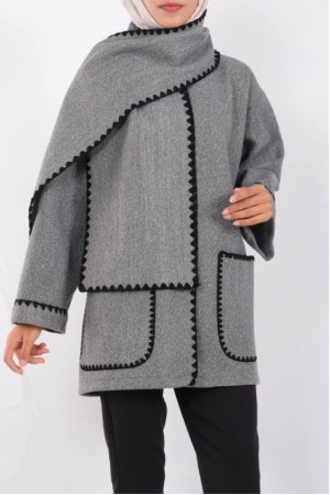 Button Front Scarf Pocket Jacket -Smoked 