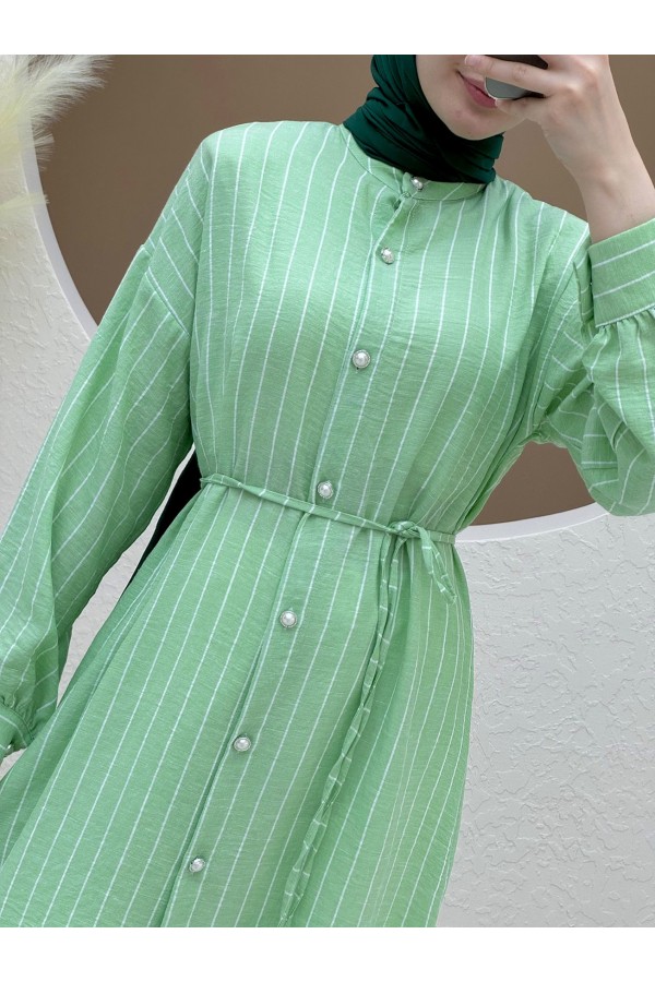 Top Buttoned Laced Striped Long Tunic -LIGHT GREEN