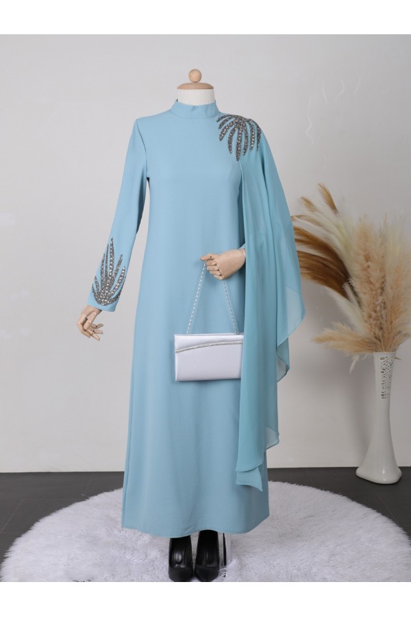 Omuzu ve Kolu Taşlı Şifon Detaylı Krep Elbise -Mint