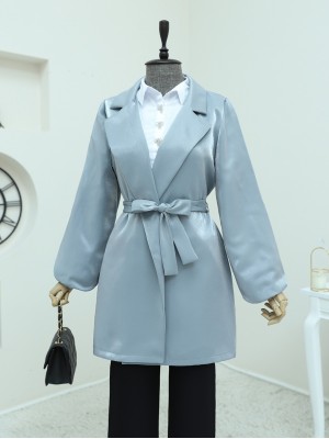 Lace-Up Satin Jacket with Flounce Sleeves -Silver