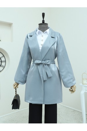 Kolları Volanlı Bağcıklı Saten Ceket -Gümüş