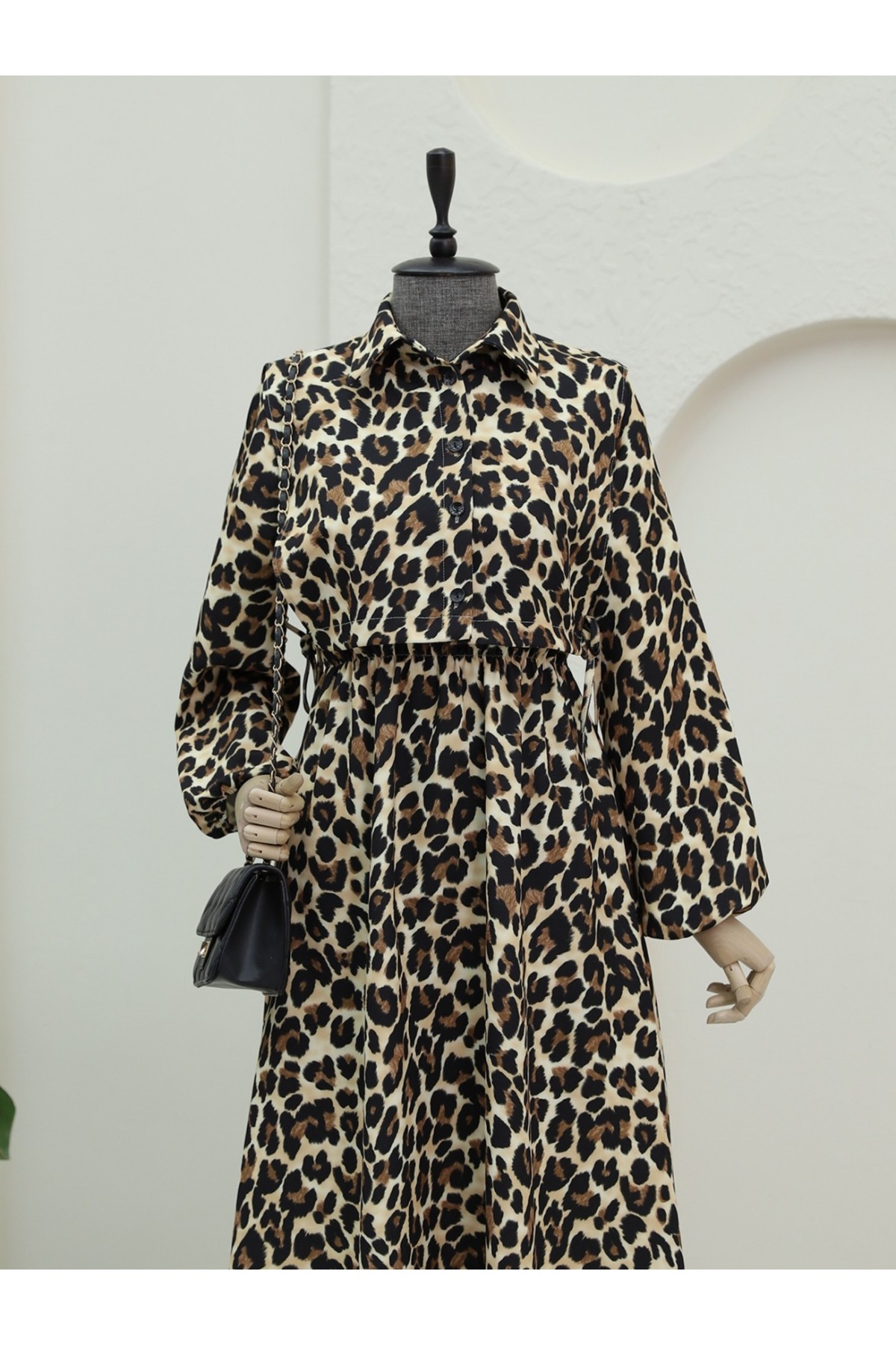 Leopard Print Dress with Shirt Detail on Top -Mink color