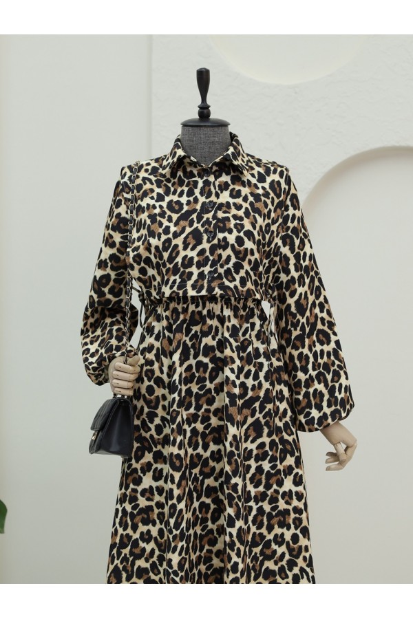 Leopard Print Dress with Shirt Detail on Top -Mink color