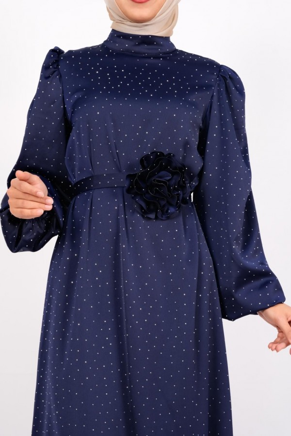 Balloon Sleeve Belted Stoned Satin Dress -Navy blue
