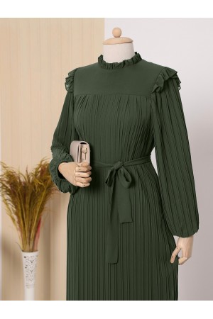 Önü Robalı Kolları ve Bedeni Piliseli Elbise   -Haki