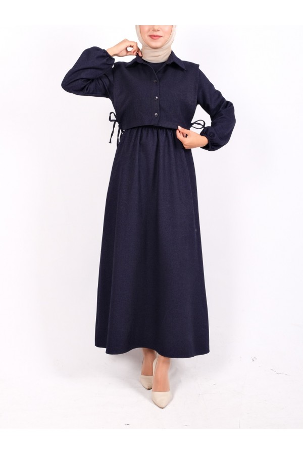 Dress with Elasticated Sleeves and Waist with Shirt Detail on Top -Navy blue