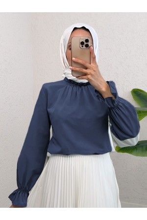 Pleated Collar Blouse     -Navy blue