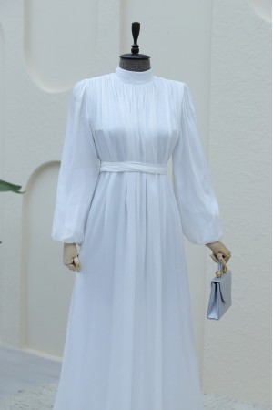 Shoulder Gathered Sparkly Fabric Balloon Sleeve Dress -White