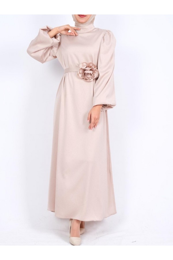 Balloon Sleeve Belted Stoned Satin Dress - Beige