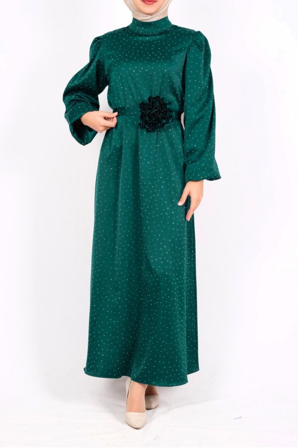 Balloon Sleeve Belted Stoned Satin Dress -Emerald