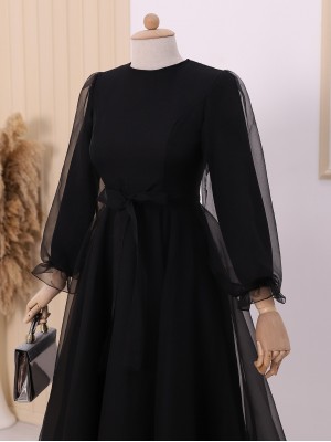 Kabarık Kol ve Etekli Kuşaklı Tül Abiye -Siyah