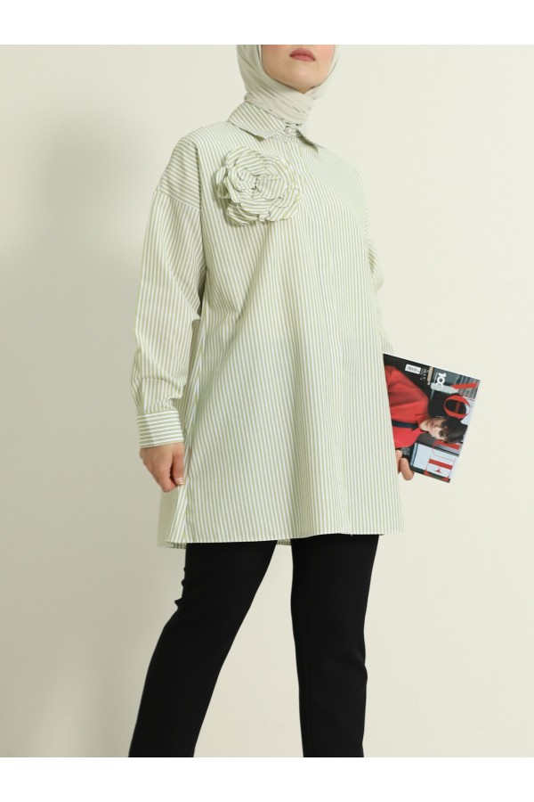 Pearl Button Striped Brooch Shirt -Oil Green
