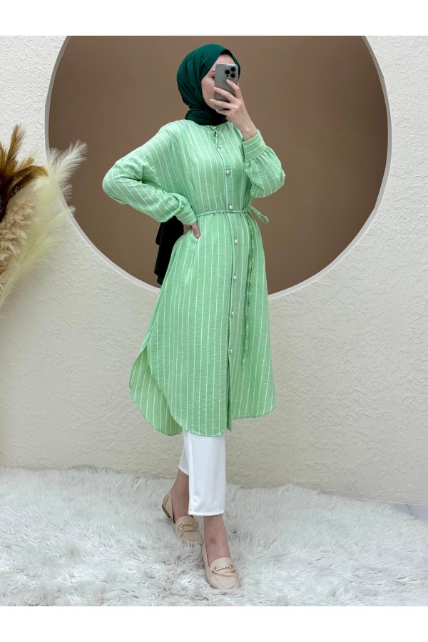 Top Buttoned Laced Striped Long Tunic -LIGHT GREEN